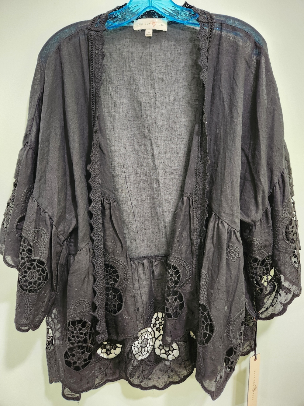 Boho Crochet-Trim Kimono Robe in Black